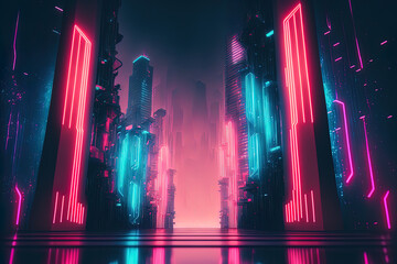 Canvas Print - Vertical neon tubes reflecting a futuristic cityscape in the background. Lens flares of vivid pink and blue neon, foggy surroundings. Generative AI