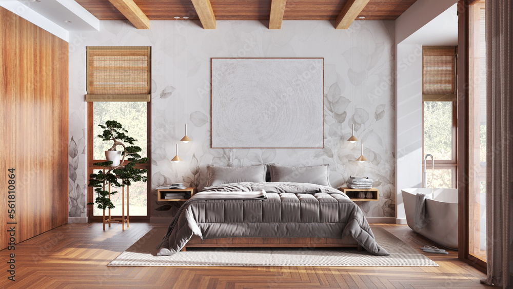 Modern wooden bedroom with bathtub in white and beige tones. Double bed ...