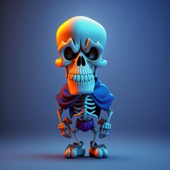 Wall Mural - cartoon skeleton with a big head isolated on blue background, generative ai