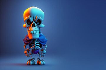 Wall Mural - cartoon skeleton with a big head isolated on blue background, generative ai