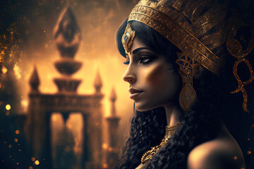 Sticker - Cleopatra with a somewhat archaic Egyptian backdrop. bokeh background is dark. Generative AI