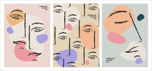 Set Of Abstract Decorative Painting Posters Or Cards With Human Faces And Abstract Colorful Geometric Shapes. Vector Illustration