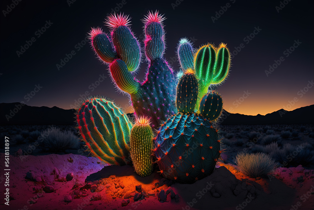 Multicolor bioluminescent neon cactus by generative AI Stock Illustration |  Adobe Stock
