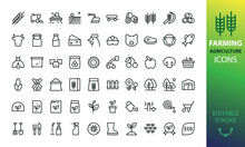 Farm, Farming And Agriculture Isolated Icons Set. Set Of Ear Of Wheat, Harvester, Farm Field, Tractor, Sickle, Corn, Flour Bag, Mill,  Agricultural Products, Hay Bales, Milk, Eco Meat Vector Icons