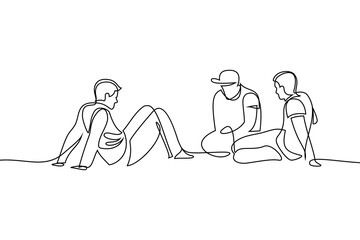 Men communicate in casual settings. Male friends sitting on the ground, resting and talking. Continuous line art drawing style. Black linear design isolated on white background. Vector illustration