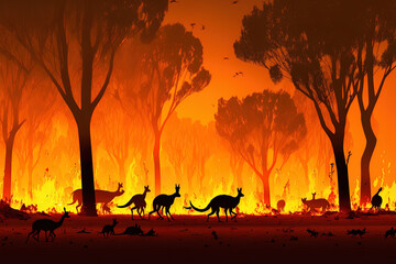 Sticker - Bushfire IN Australia Forest Many Kangaroos And Other Animals Running Escaping To Save Their Lives, Evacuation destroyed silhouette. Generative AI