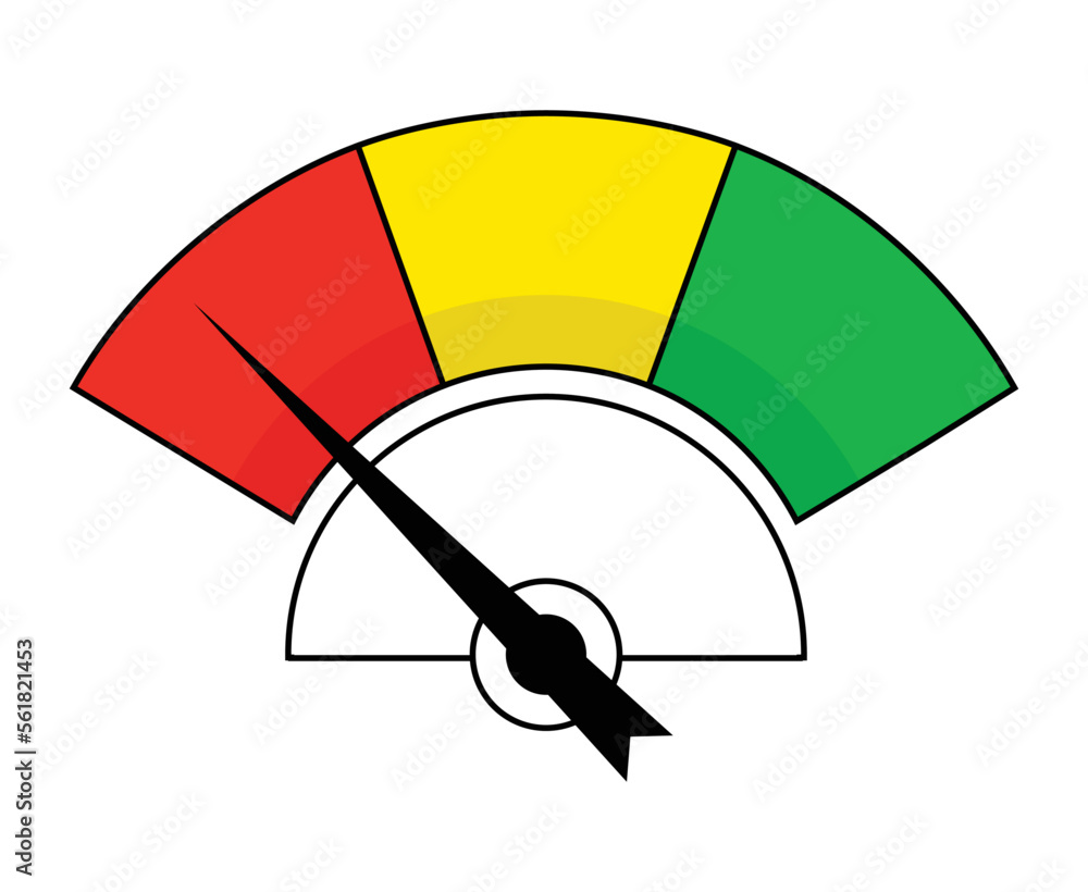 Measuring round indicator. Scale gauge with dial showing positive green and negative red pressure with dashboard vector speedometer