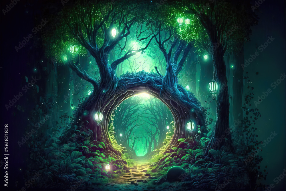 Fantasy fairy tale background. Fantasy enchanted forest with magical ...