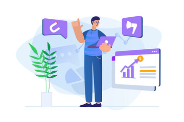 Wall Mural - digital marketing concept with people scene in flat design. man analyzes data, creates advertising c