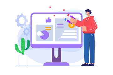 Wall Mural - digital marketing concept with people scene in flat design. man analyzes data, creates strategy for 