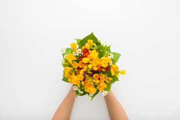 Wall Mural - Young adult woman hands holding beautiful fresh yellow freesia flower bouquet on white table background. Point of view shot. Closeup. Top down view.