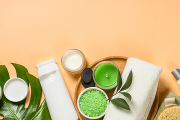 Poster - Spa wellness background. Treatment and healthcare concept. Natural spa products with bath towels, massage brush and green leaves. Flat lay image.