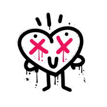 Urban Graffiti - Funny Heart With Smile Face, Dead Eyes Retro Cartoon Character. Textured Vector Illustration For T-shirt, Sticker, Or Apparel Merchandise. Valentines Day Mascot .