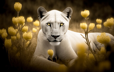 Wall Mural - Magnificent Lion, portrait of a majestic white lioness on a field in flowers, wildlife animal	