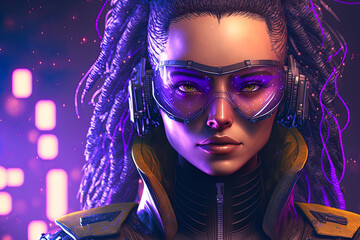 A realistic portrait of a cyberpunk sci fi girl wearing a cybersuit. futuristic, high tech man from the future. cyberpunk and the idea of virtual reality. Illustration. Generative AI