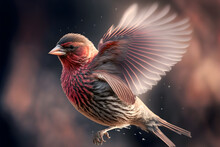 Illustrative Drawing Of A Common Rosefinch Bird Flying With Open Wings. Blurred Background. Generative AI.