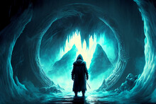 Ice Kingdom Entrance With Warrior Entering It. Generative AI Illustration