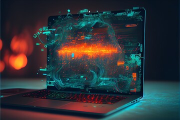 An abstract creative coding concept on a multi-exposure laptop background.. Generative AI