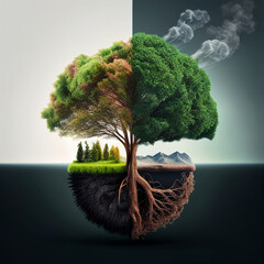 Wall Mural - environment, climate change, tree in two parts, generative ai