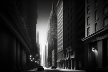 Noir City Street With Tall Buildings On Both Sides. Private Detective. Great Depression. Mob Wars.