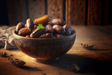 A Bowl Of Juicy Dates Is Placed On An Aged Wooden Table. Generative AI