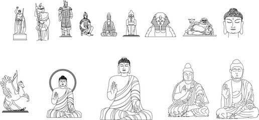 sketch vector illustration of ancient chinese buddha and goddess statues