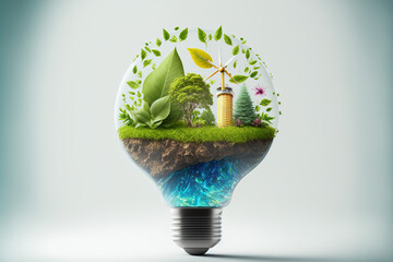 Green Planet Light Bulb, sustainable development Renewable energy-based green business. Generative AI.