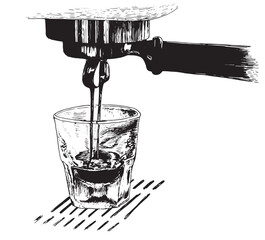 Wall Mural - Hand drawing vector espresso illustration. Espresso pouring from coffee machine.