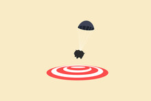 Piggy Bank With Parachute Landing On The Target. Concept Of Goal, Opportunity And Success.