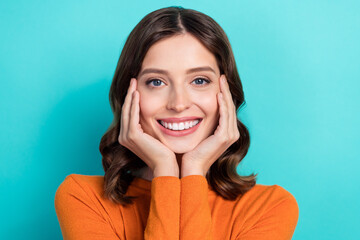 Wall Mural - Close up photo of cute nice gentle lady wear trendy clothes arm hold under chin enjoy quality maquillage isolated on cyan color background