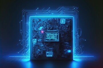 Canvas Print - Digital illustration on hi-tech futuristic blue neon background. 