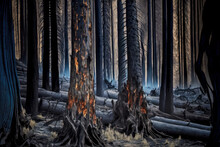 Charred Tree Trunks Affected By Forest Wildfire