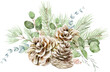 © Mariia - Watercolor pine cone bouquet, winter wedding invitation decoration, eucalyptus clipart, botanical arrangement