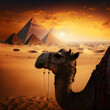 Camel in the desert next to the pyramids. Generative AI.