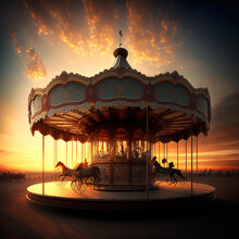 Carousel In An Amusement Park. Generative AI.