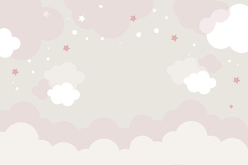 Vector hand drawn childish 3d wallpaper with clouds. Aerial white clouds, stars and dots on a blue background. Lovely wallpaper for the kids room.	