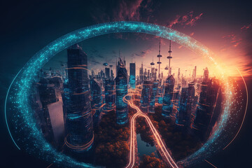 In a smart city, the internet and contemporary creative communication are connected. Future internet of things and wireless 5G connectivity concept. Generative AI