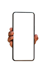 Hand holding mobile phone with blank screen isolated on transparent background - PNG file.