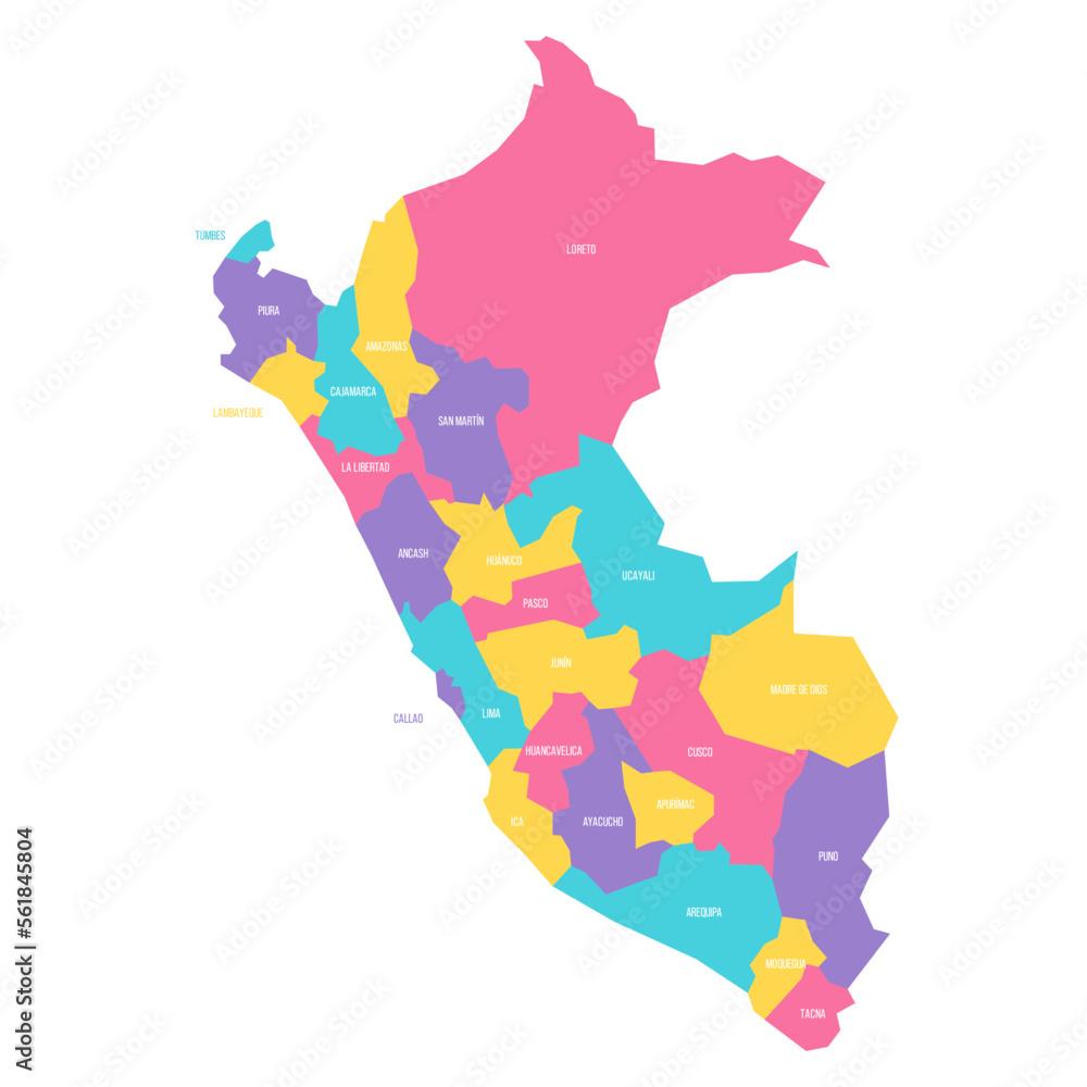 Peru political map of administrative divisions - departments. Colorful vector map with labels.