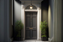 Narrow Dark Grey Front Door Of House In Large White Building