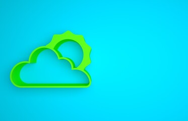 Green Sun and cloud weather icon isolated on blue background. Minimalism concept. 3D render illustration