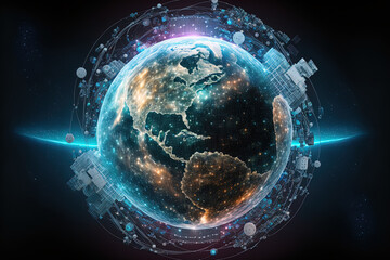 Wall Mural - International information sharing through the internet and connected satellites for finance, cryptocurrencies, or Internet of Things technologies