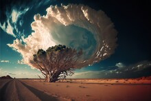  A Tree In The Middle Of A Desert With A Sky Background And Clouds In The Background, With A Dirt Road In The Foreground And A Dirt Road In The Foreground With A. Generative Ai