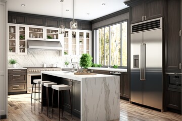  a kitchen with a marble island and stainless steel appliances and cabinets and a window with a view of the woods outside the window is shown in this image is a rende Generative AI