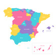 Spain political map of administrative divisions - autonomous communities and autonomous cities of Ceuta and Melilla. Colorful vector map with labels.
