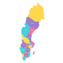Sweden Political Map Of Administrative Divisions - Counties. Colorful Vector Map With Labels.