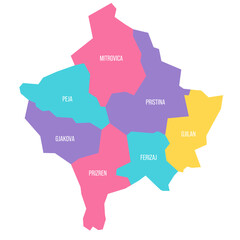 Naklejka na meble Kosovo political map of administrative divisions - districts. Colorful vector map with labels.