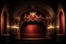  A Theater With A Red Curtain And A Stage With A Red Curtain And A Red Curtain And A Gold Curtain And A Chandelier On The Wall And A Black Background With Lights And. Generative Ai