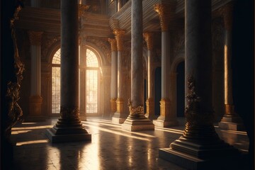 Canvas Print -  a room with columns and a window in it with sunlight coming through the windows and onto the floor and onto the walls and onto the floor, and onto the floor, a floor with a. generative ai