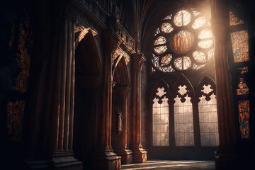 Wall Mural -  a large cathedral with a large window and a clock on the wall and a light shining through the windows on the wall and floor below it, and a large arched window with a cross. generative ai